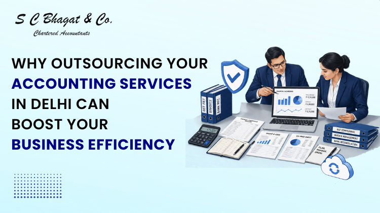Outsourced accounting services illustration with financial dashboard and reports.
